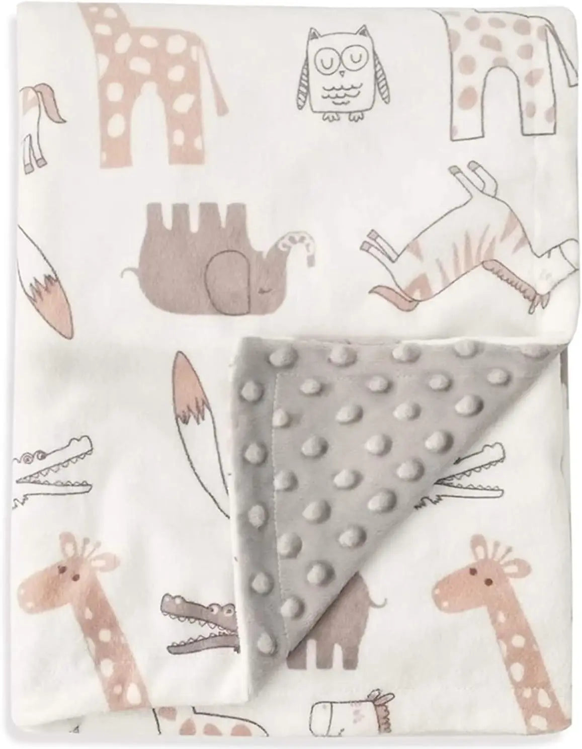 couverture bébé animaux doublure polaire gris rose éléphant zèbre hibou girafe crocodile