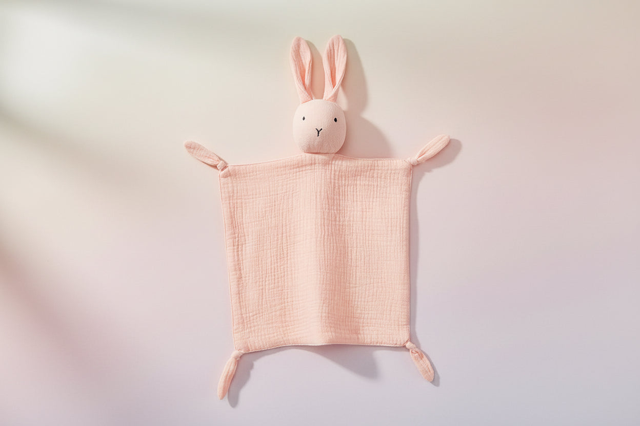 doudou bébé mousseline lapin rose fond blanc