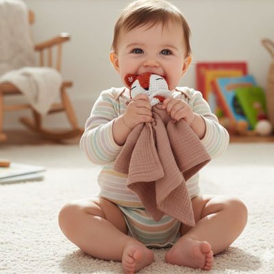 doudou bébé renard tricot orange blanc enfant doudou dans bouche