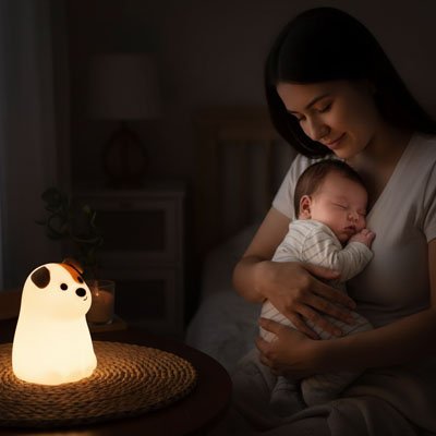 veilleuse bébé chien lumière douce maman enfant bras endormi câlin