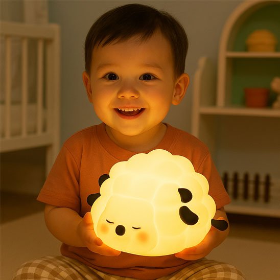 veilleuse bébé mouton endormi illuminée enfant souriant dans mains