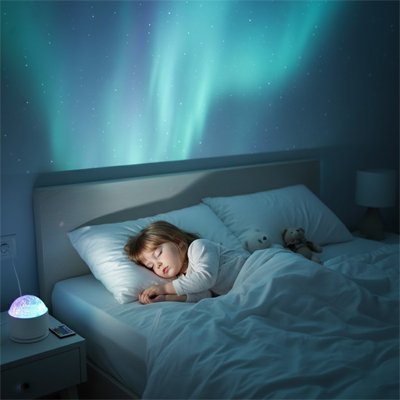 veilleuse bébé projection ciel aurores boréales bleues blanches lit petite fille endormie