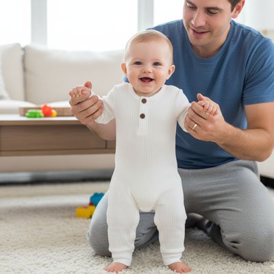 barboteuse blanche enfant souriant debout papa tenant mains
