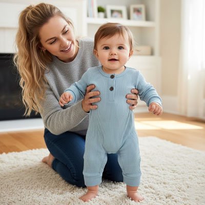 barboteuse bleu pâle enfant souriant debout maman tapis blanc
