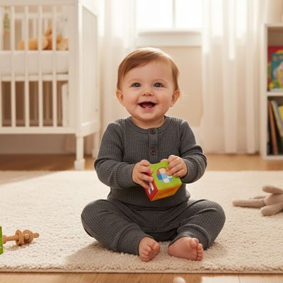 barboteuse grise enfant souriant assis tapis berceau jouet mains