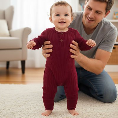 barboteuse rouge bourgogne enfant souriant debout papa tenant mains