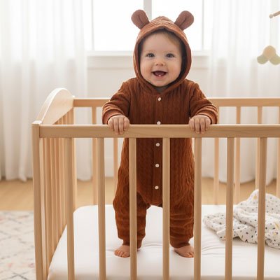 barboteuse velours brun avec oreilles ourson bébé berceau