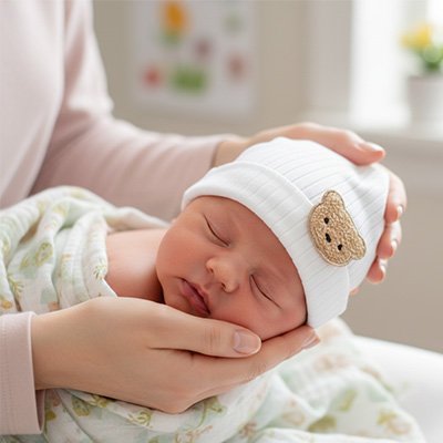 bonnet bébé couleur blanc avec ourson brun devant