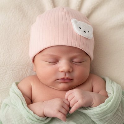 bonnet bébé couleur rose avec ourson blanc devant enfant endormi