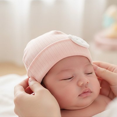 bonnet bébé couleur rose avec ourson blanc devant
