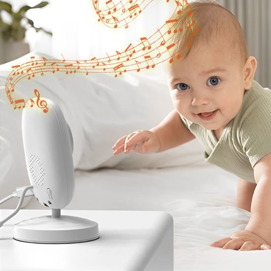 camera bebe blanc table chevet musique enfant souriant pyjama vert