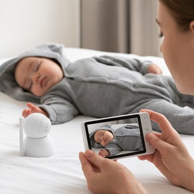 caméra bébé maman regarde cellulaire endormi pyjama gris capuchon