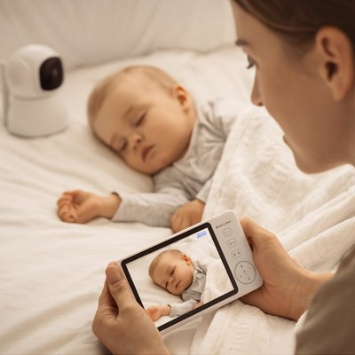 caméra bébé maman regarde cellulaire enfant endormi pyjama couverture blanc