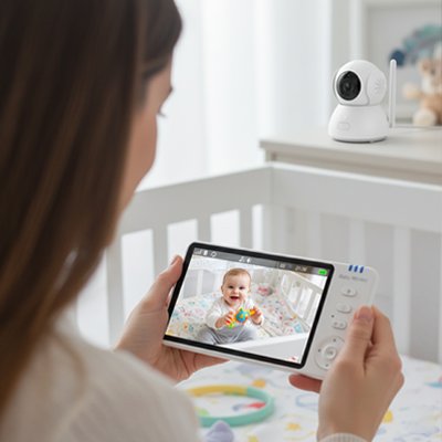 caméra bébé maman regarde cellulaire enfant souriant berceau