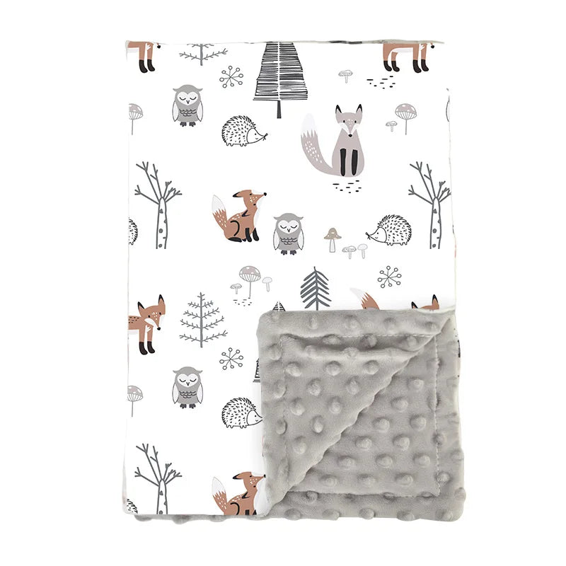 couverture bébé animaux doublure polaire gris renard hibou hérisson forêt