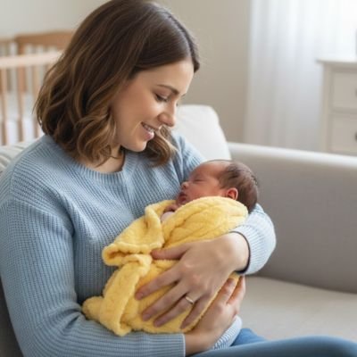couverture bébé jaune maman assise fauteuil enfant endormi
