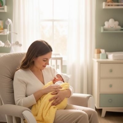 couverture bébé jaune maman chambre assise sur chaise berçante