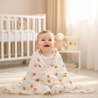 couverture bébé mousseline couleur crème motif champignons orange enfant enveloppé