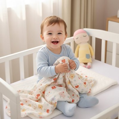 couverture bébé mousseline couleur crème motif fraises enfant souriant