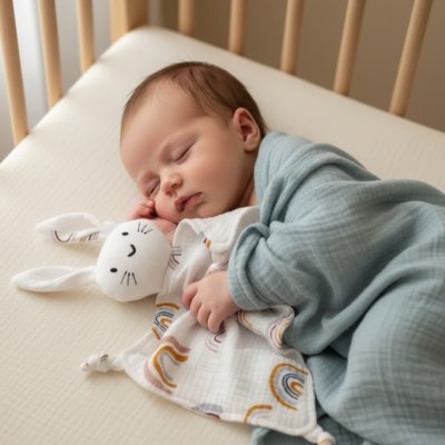 doudou bébé lapin câlin arc-en-ciel couverture bleue enfant endormi