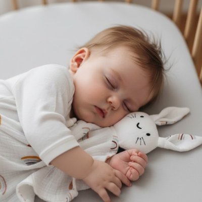doudou bébé lapin câlin arc-en-ciel dans berceau enfant endormi