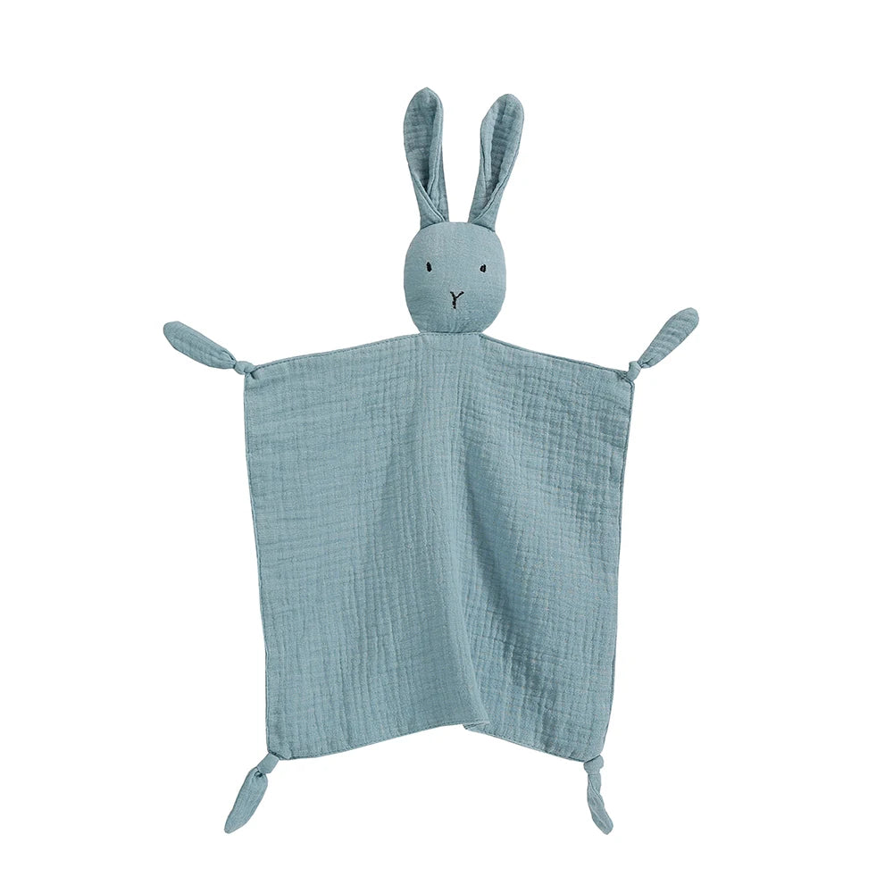 doudou bébé mousseline lapin bleu fond blanc