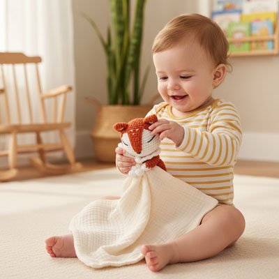 doudou bébé renard tricot orange blanc enfant assis pyjama rayé