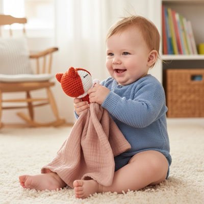 doudou bébé renard tricot orange blanc enfant assis souriant