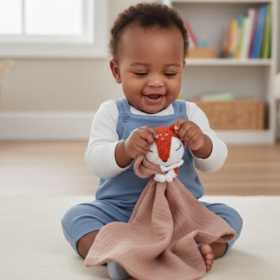 doudou bébé renard tricot orange blanc enfant assis sur tapis