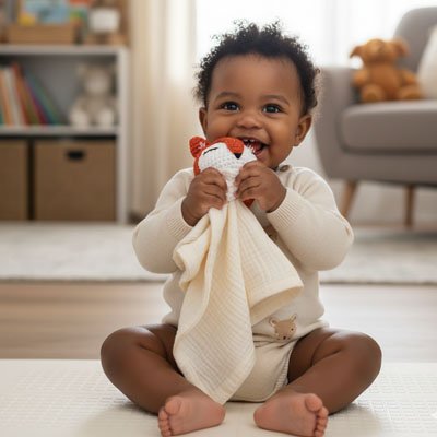 doudou bébé renard tricot orange blanc enfant souriant assis sur tapis