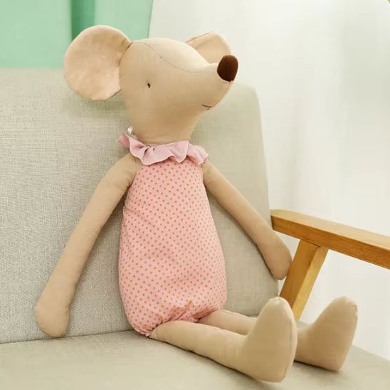 doudou bebe souris beige assis fauteuil habit rose pois