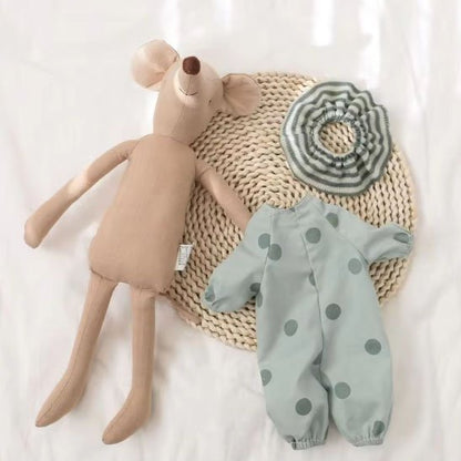 doudou bebe souris beige habit vert pois collet ligné fond blanc