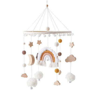 mobile bébé arc-en-ciel jaune rose blanc lune nuages pompom
