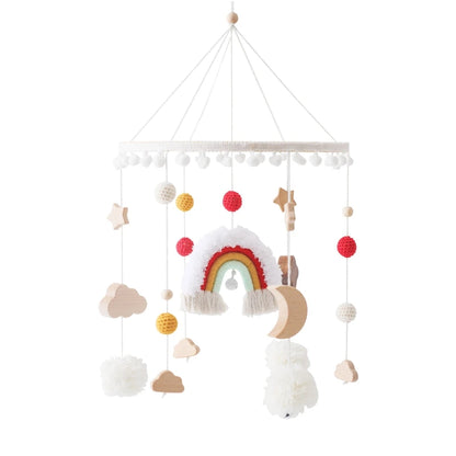 mobile bébé arc-en-ciel rouge jaune bleu lune nuages pompom