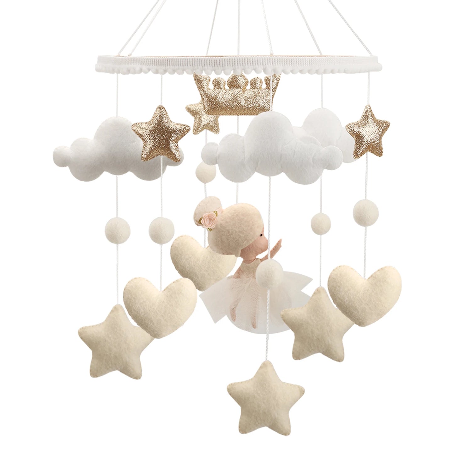 mobile bébé ballerine blanc crème or gros plan suspendu
