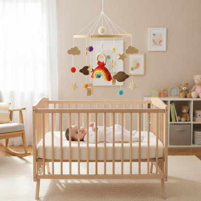 mobile bébé bois tricot arc-en-ciel au dessus berceau chambre