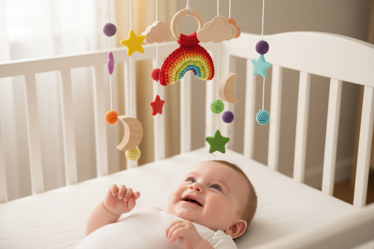 mobile bébé bois tricot arc-en-ciel gros plan au-dessus berceau chambre