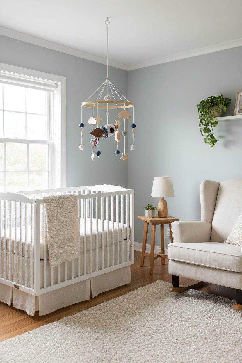 mobile bébé bois tricot fusée au-dessus berceau chambre