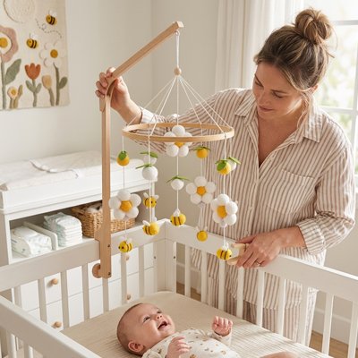 mobile bébé en bois en laine abeilles fleurs jaunes bébé souriant