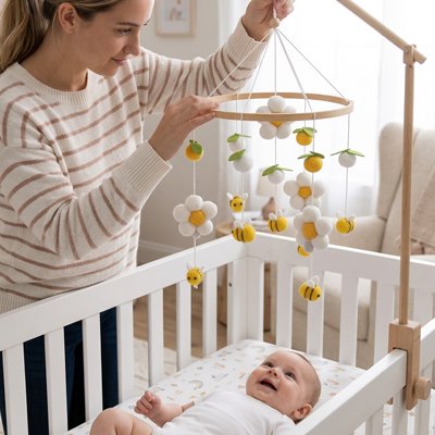 mobile bébé en bois en laine abeilles fleurs jaunes berceau blanc