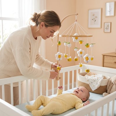 mobile bébé en bois en laine abeilles fleurs jaunes maman bébé berceau