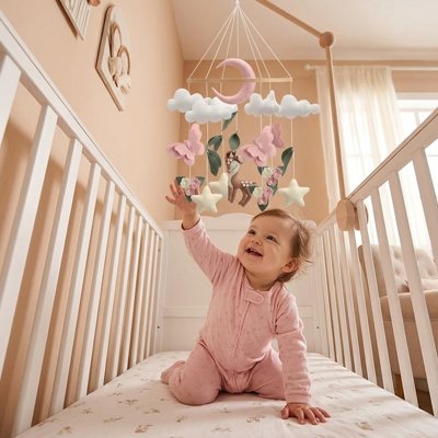 mobile bébé forêt feutre nuages papillons lune étoiles faon enfant à genou