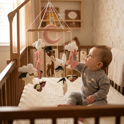 mobile bébé forêt feutre nuages papillons lune étoiles faon enfant assit