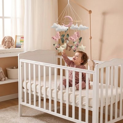 mobile bébé forêt feutre nuages papillons lune étoiles faon enfant souriant