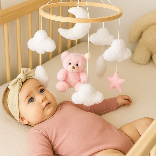 mobile bébé ourson rose nuages blancs étoiles roses enfant berceau bandeau tête boucle