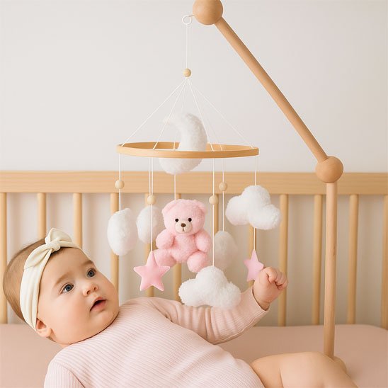 mobile bébé ourson rose nuages blancs étoiles roses enfant berceau bandeau tête