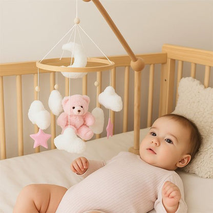 mobile bébé ourson rose nuages blancs étoiles roses enfant berceau coussin