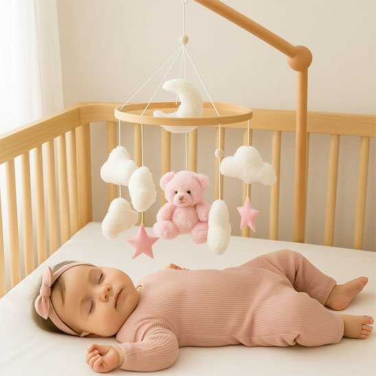 mobile bébé ourson rose nuages blancs étoiles roses enfant endormi berceau bandeau tête boucle