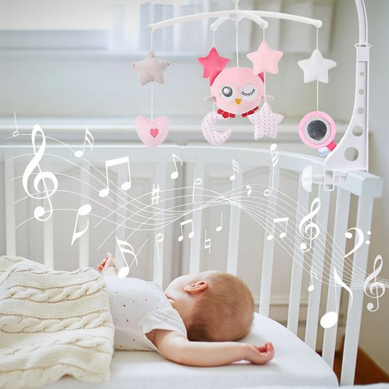 mobile bébé plastique blanc hibou rose étoiles lune coeurs enfant endormi
