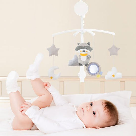 mobile bébé plastique blanc raton laveur étoiles nuages enfant couché